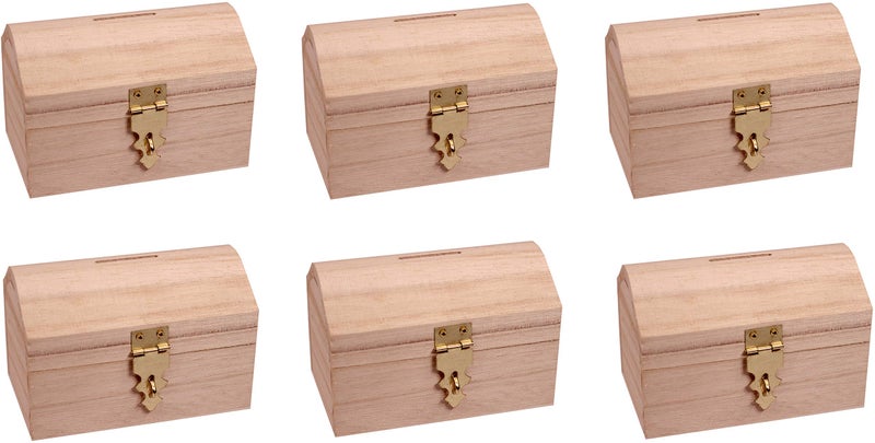 Creative Hobbies Pack of 6 Ready to Decorate Wood Treasure Chest Box Savings Bank with Coin Slot, Hinged Lid and Lockable Front Clasp, DIY Craft - Image 1